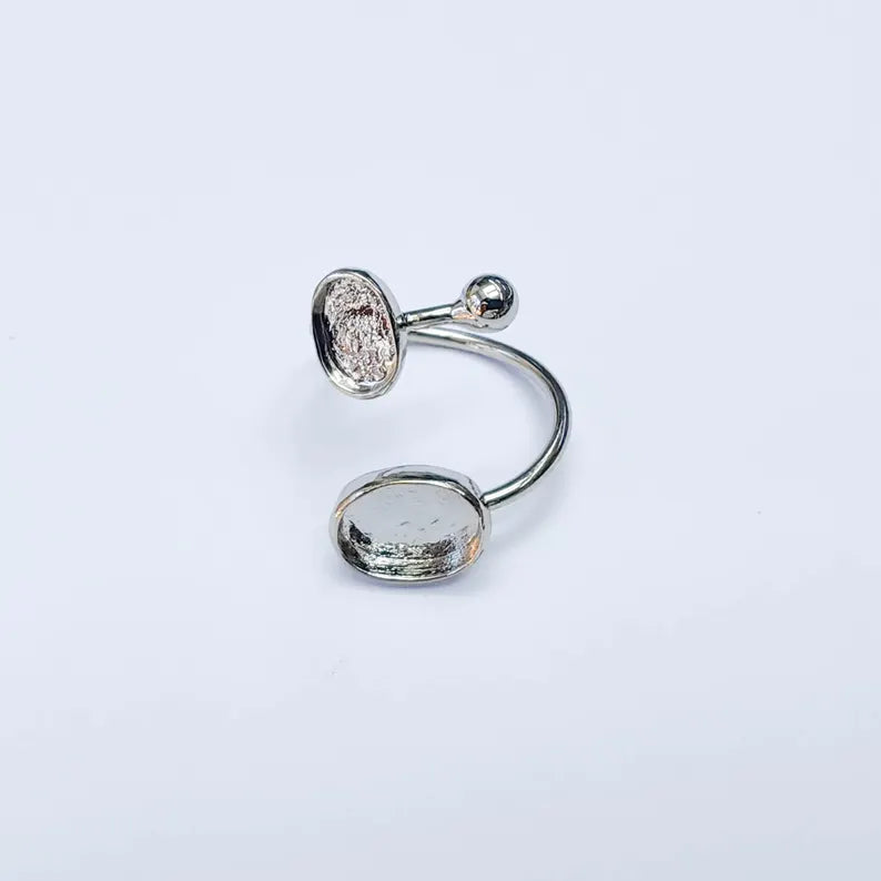 Shiny Silver Ring Setting, Cabochon Blank, Resin Bezel, Mounting, Epoxy Frame Base, Adjustable Silver Plated Brass 11x8mm & 8x6mm G38107