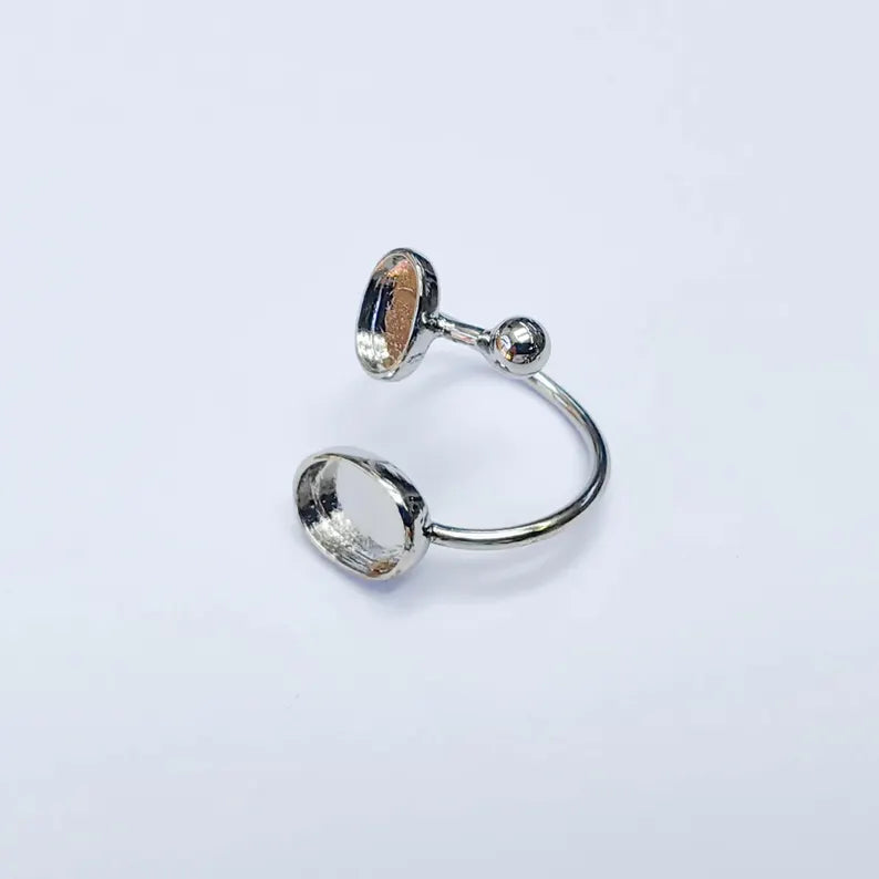Shiny Silver Ring Setting, Cabochon Blank, Resin Bezel, Mounting, Epoxy Frame Base, Adjustable Silver Plated Brass 11x8mm & 8x6mm G38107