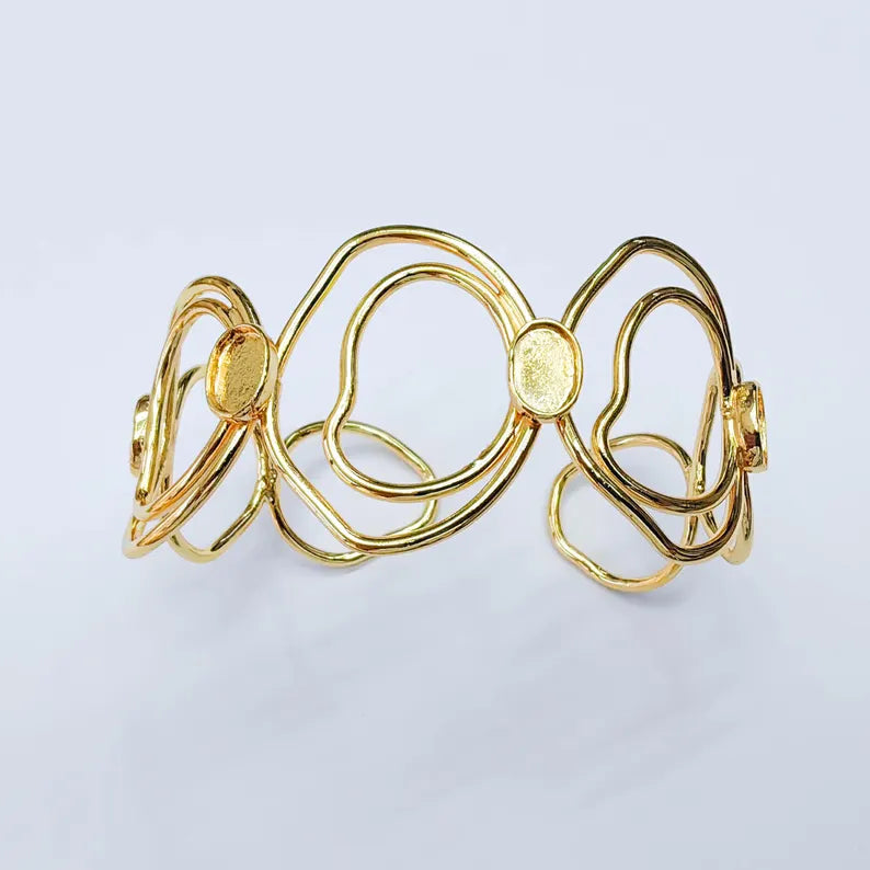 Abstract Cuff Bracelet Base, Adjustable Bracelet Blank, 8x6mm Oval Setting, 24K Gold Color, G38108