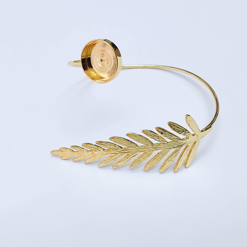 Leaf Cuff Bracelet Base, Adjustable Bracelet Blank, 14mm Round Bezel, 24K Gold Color, G38109