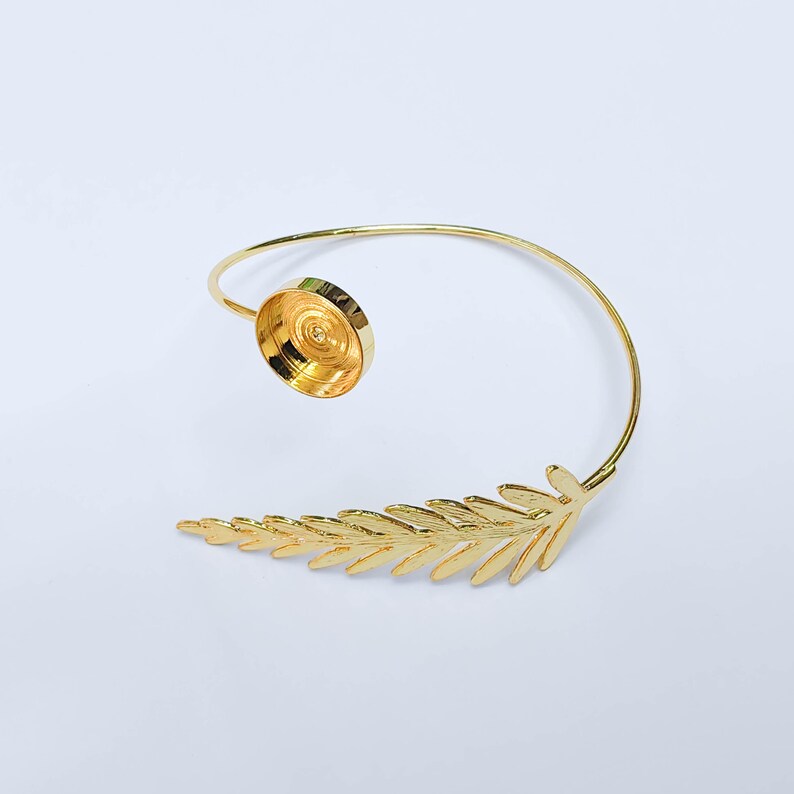 Leaf Cuff Bracelet Base, Adjustable Bracelet Blank, 14mm Round Bezel, 24K Gold Color, G38109