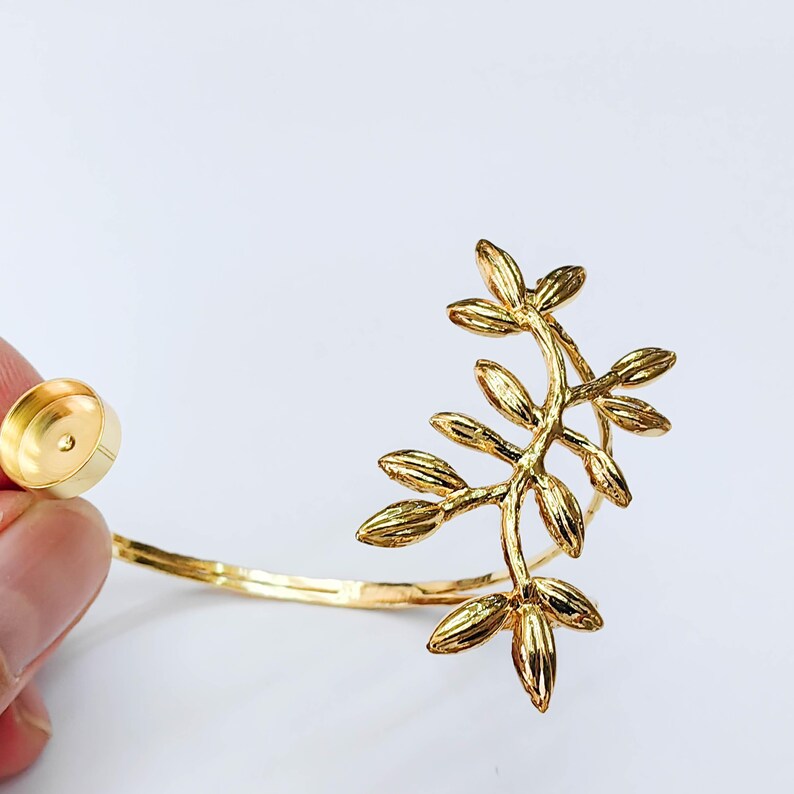 Botanical Leaf Cuff Bracelet Base, Adjustable Bracelet Blank, 10mm Round Bezel, 24K Gold Color G38106