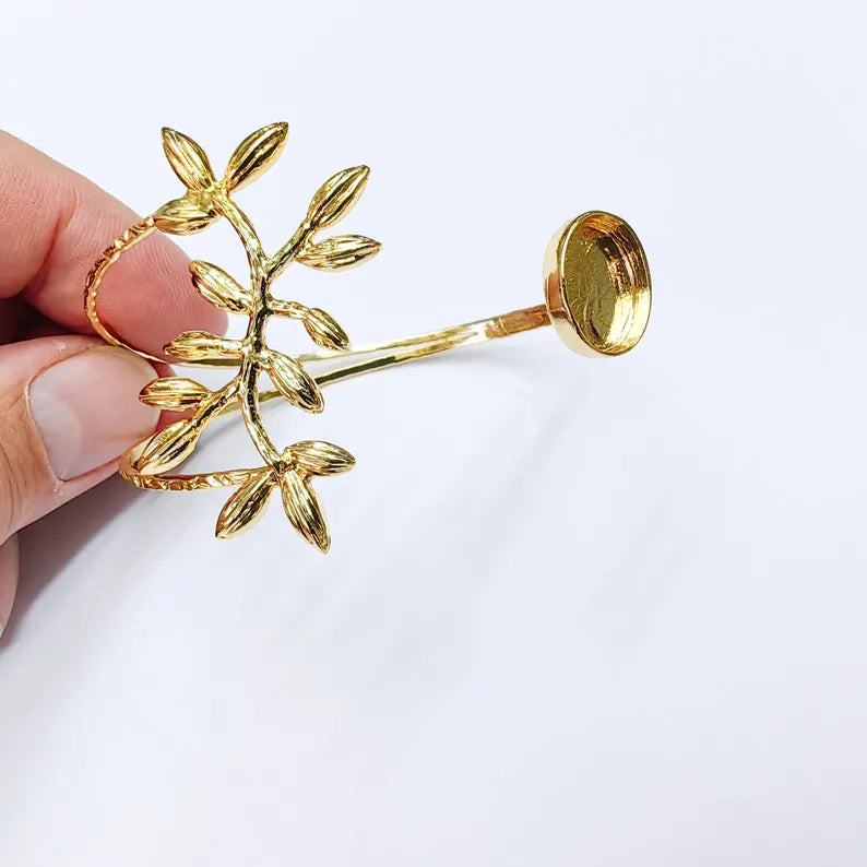 Botanical Leaf Cuff Bracelet Base, Adjustable Bracelet Blank, 14x10mm Oval Bezel, 24K Gold Color G38112