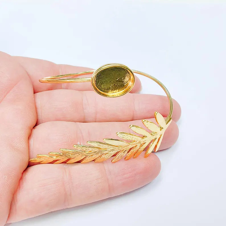 Leaf Cuff Bracelet Base, Adjustable Bracelet Blank, 14x10mm Oval Bezel, 24K Gold Color, G38113