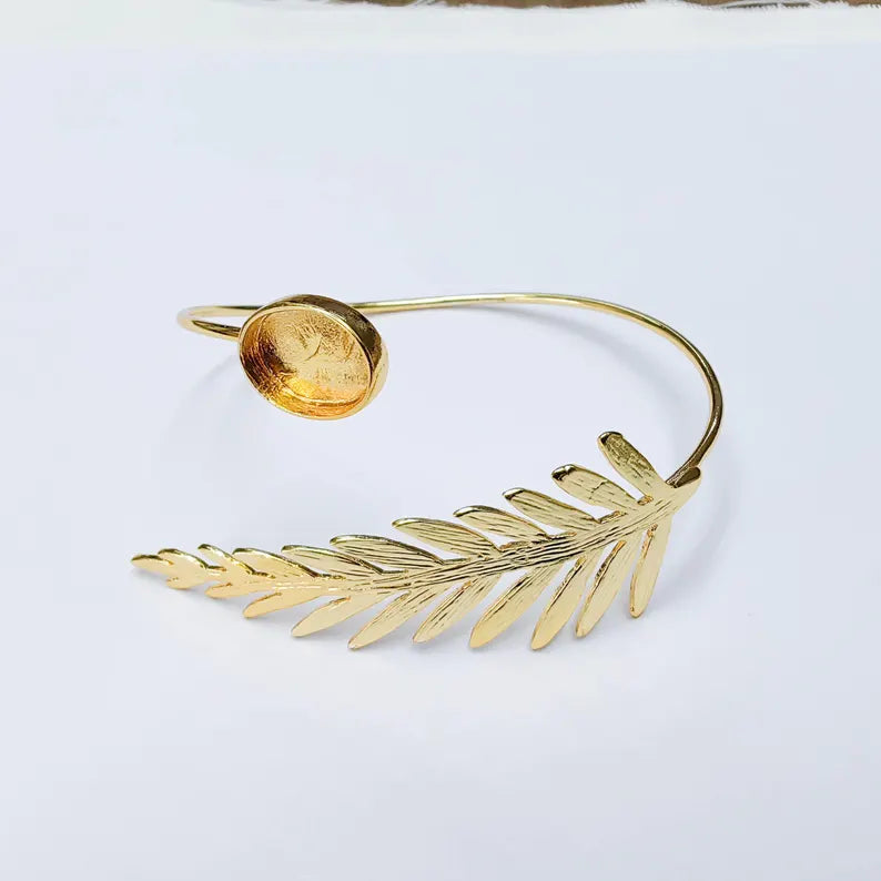 Leaf Cuff Bracelet Base, Adjustable Bracelet Blank, 14x10mm Oval Bezel, 24K Gold Color, G38113