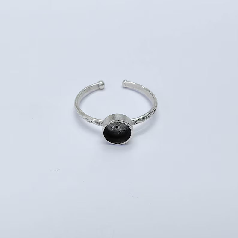 Minimalist 6mm Bezel Ring Base, Textured Adjustable Band, Silver Plated Brass G38117