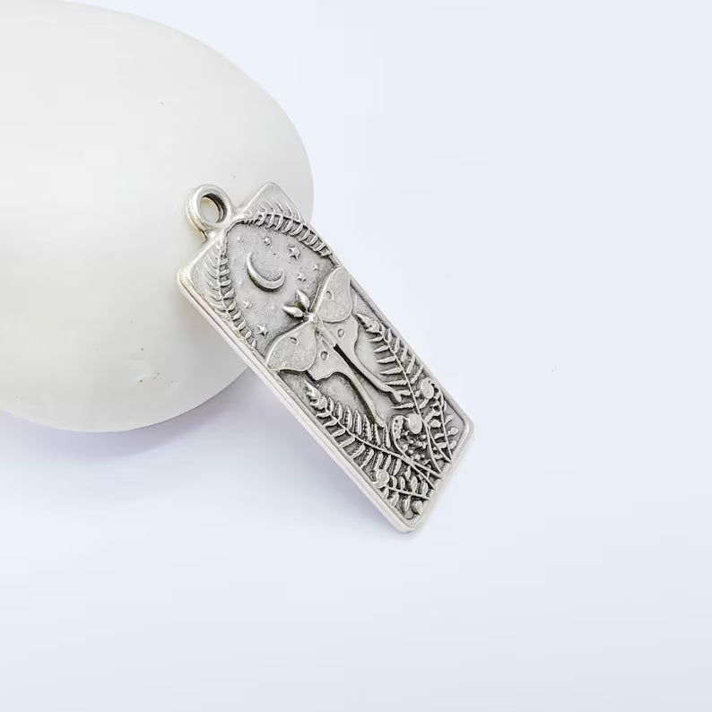Luna Moth Pendant Charm, Double Sided Nature Design, Antique Silver Plated, 37x15mm, G38122