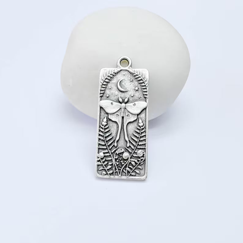Luna Moth Pendant Charm, Double Sided Nature Design, Antique Silver Plated, 37x15mm, G38122