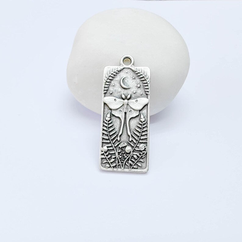Luna Moth Pendant Charm, Double Sided Nature Design, Antique Silver Plated, 37x15mm, G38122