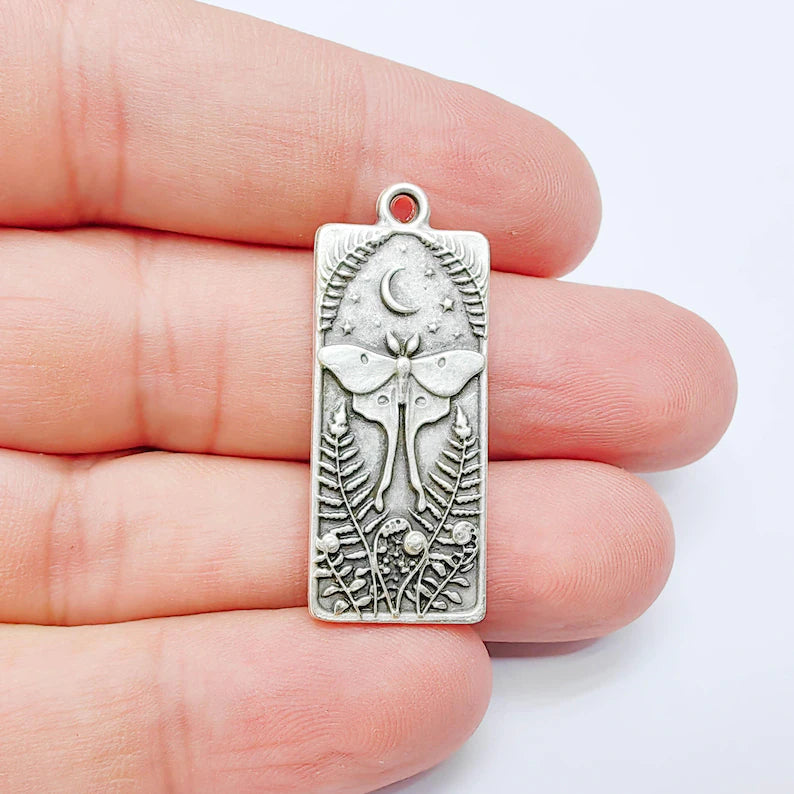 Luna Moth Pendant Charm, Double Sided Nature Design, Antique Silver Plated, 37x15mm, G38122