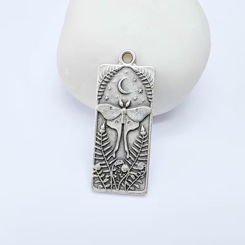 Luna Moth Pendant Charm, Double Sided Nature Design, Antique Silver Plated, 37x15mm, G38122