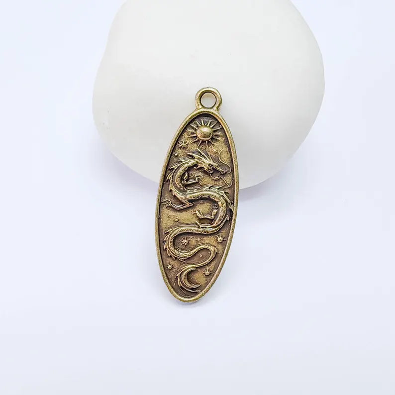 Dragon Oval Charm Pendant, Double Sided Mythical Design, Antique Bronze Plated, 36x13mm, G38123 Bilal