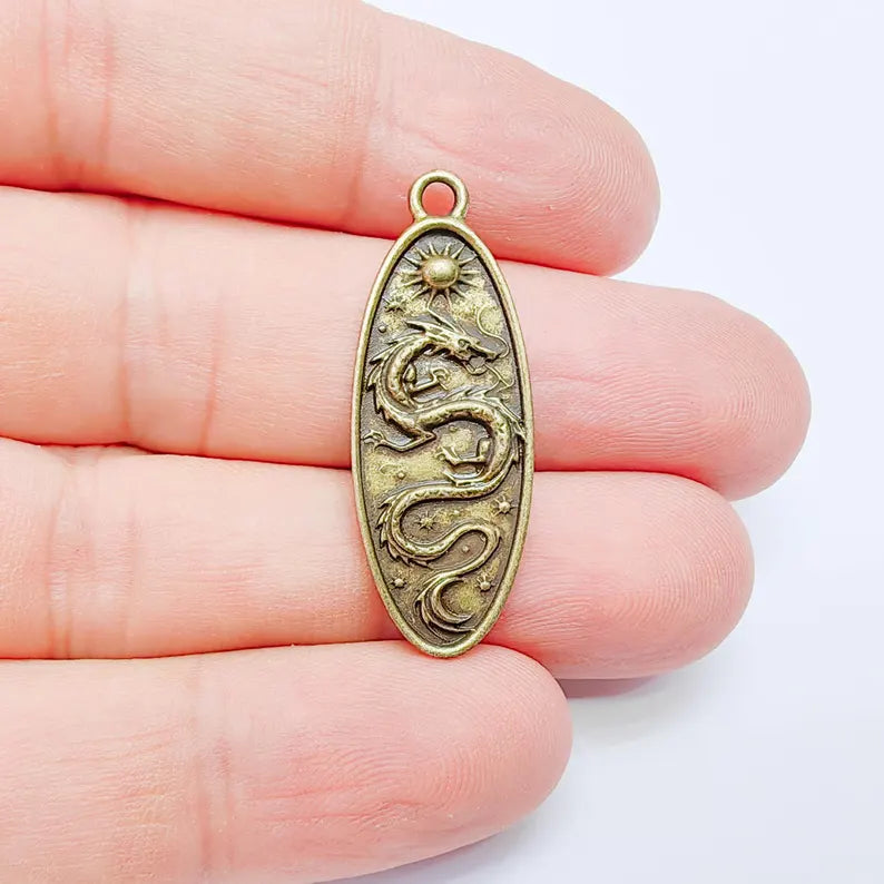 Dragon Oval Charm Pendant, Double Sided Mythical Design, Antique Bronze Plated, 36x13mm, G38123 Bilal