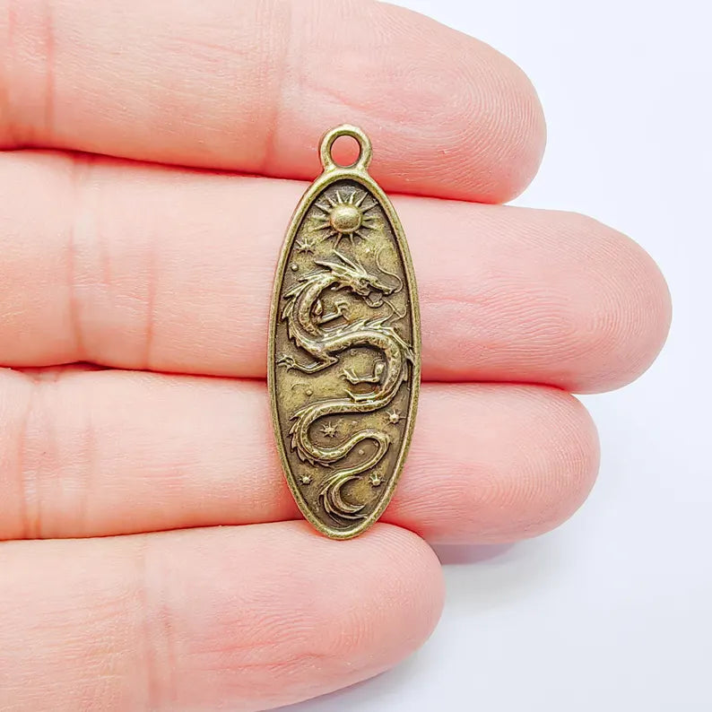 Dragon Oval Charm Pendant, Double Sided Mythical Design, Antique Bronze Plated, 36x13mm, G38123 Bilal