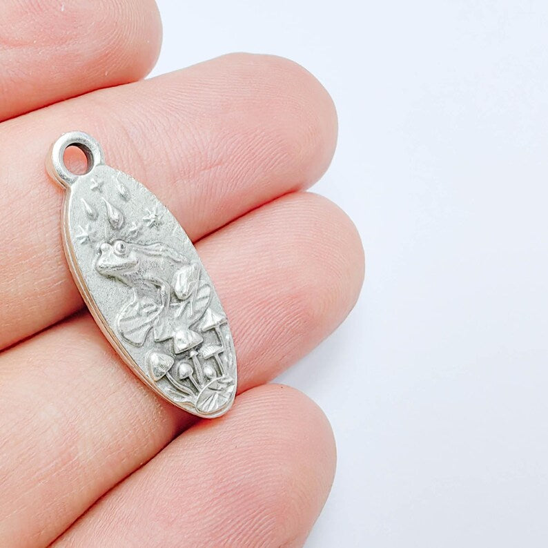 Frog Mushroom Pendant Charm, Double Sided Woodland Design, Antique Silver Plated, 30x12mm, G38124