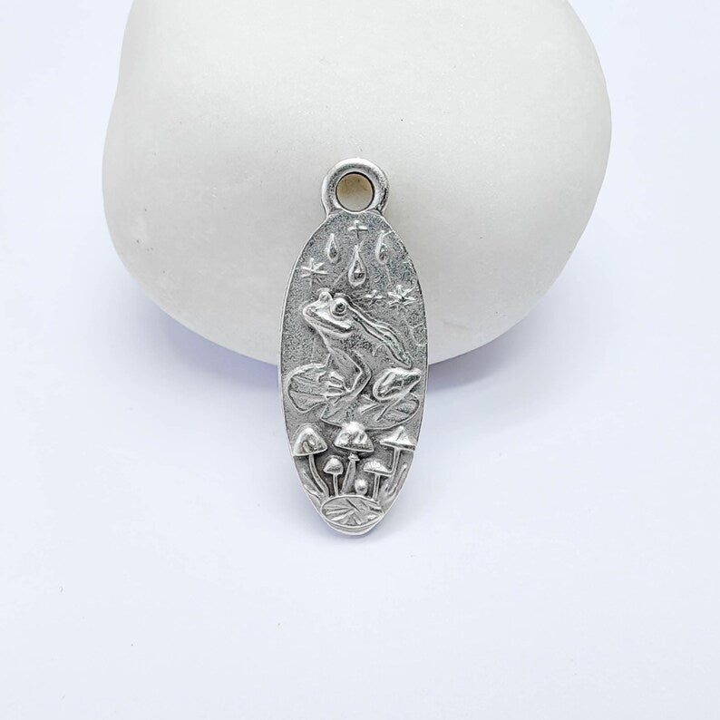 Frog Mushroom Pendant Charm, Double Sided Woodland Design, Antique Silver Plated, 30x12mm, G38124