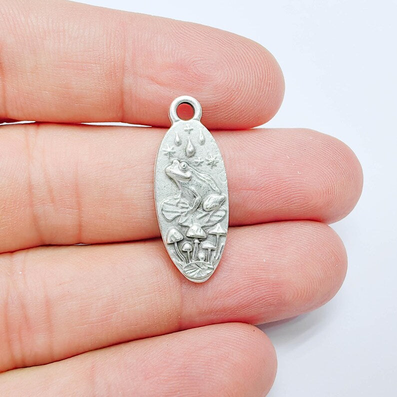 Frog Mushroom Pendant Charm, Double Sided Woodland Design, Antique Silver Plated, 30x12mm, G38124