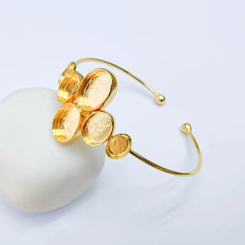 Multi Bezel Cuff Bracelet Base, Adjustable Oval Settings 14x10mm 11x8mm 9x6mm, 24K Gold Color, G38127 Bilal
