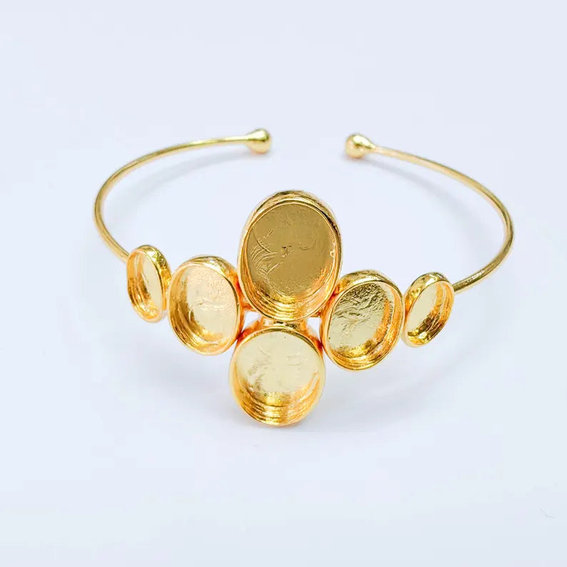 Multi Bezel Cuff Bracelet Base, Adjustable Oval Settings 14x10mm 11x8mm 9x6mm, 24K Gold Color, G38127 Bilal