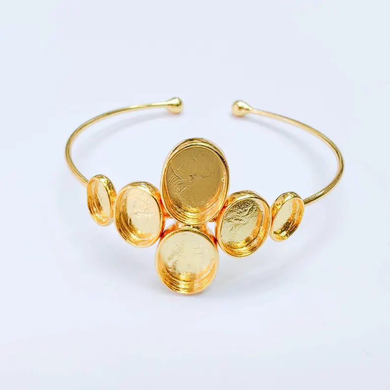 Multi Bezel Cuff Bracelet Base, Adjustable Oval Settings 14x10mm 11x8mm 9x6mm, 24K Gold Color, G38127 Bilal