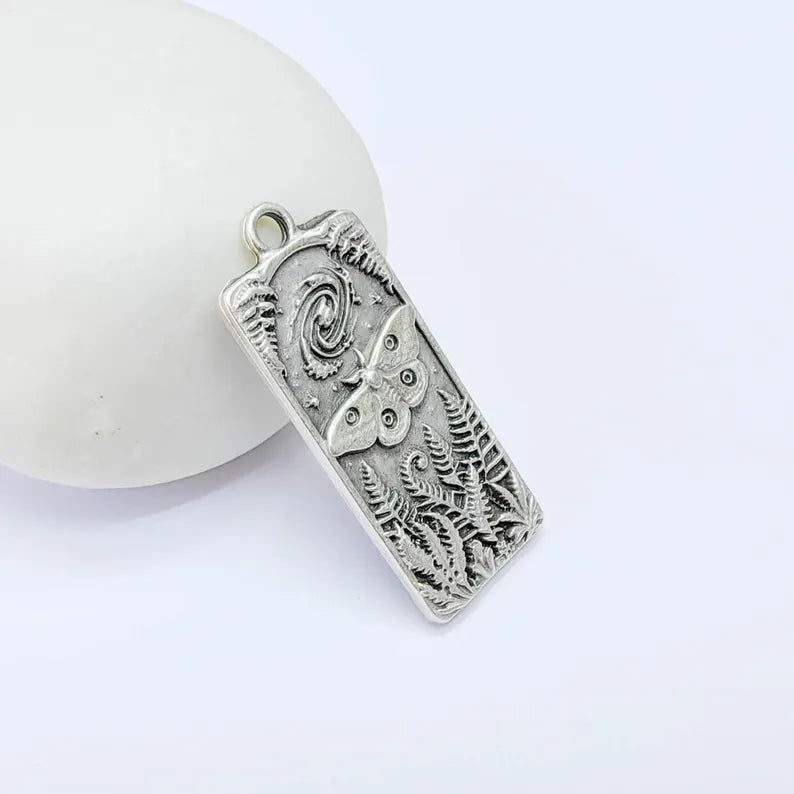 Celestial Moth Pendant Charm, Double Sided Woodland Design, Antique Silver Plated, 35x15mm, G38128