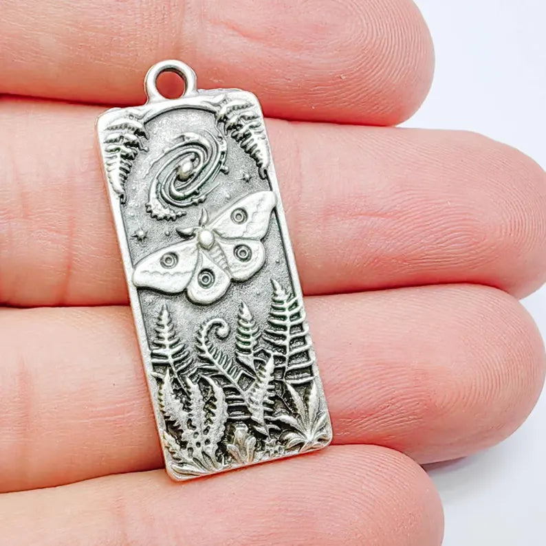 Celestial Moth Pendant Charm, Double Sided Woodland Design, Antique Silver Plated, 35x15mm, G38128