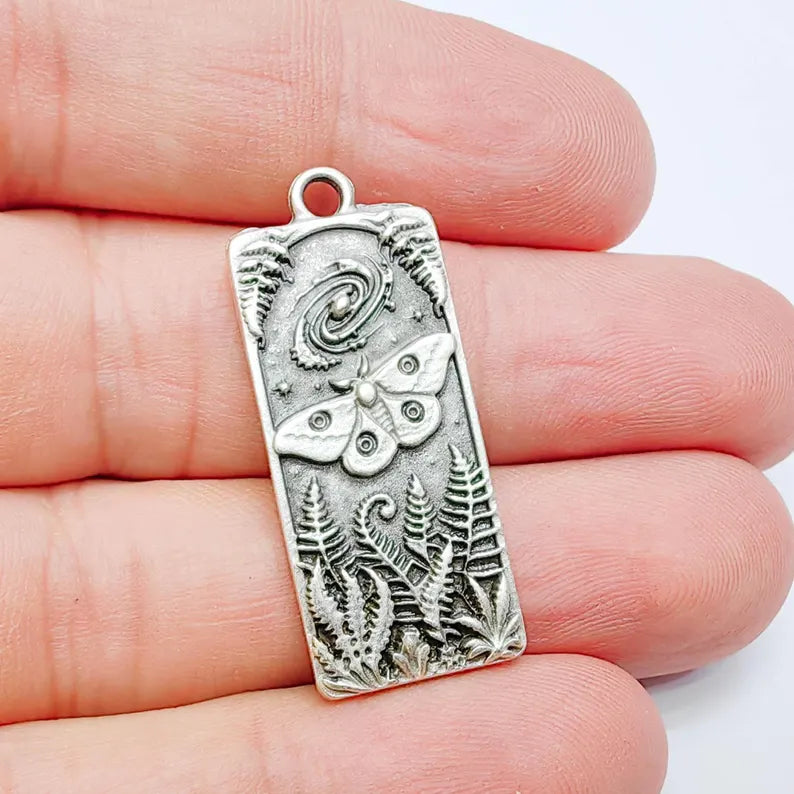 Celestial Moth Pendant Charm, Double Sided Woodland Design, Antique Silver Plated, 35x15mm, G38128
