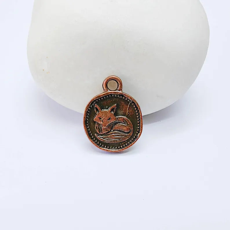 4 Fox Round Charm Pendant, Double Sided Woodland Design, Antique Copper Plated, 16x13mm, G38129 Bilal