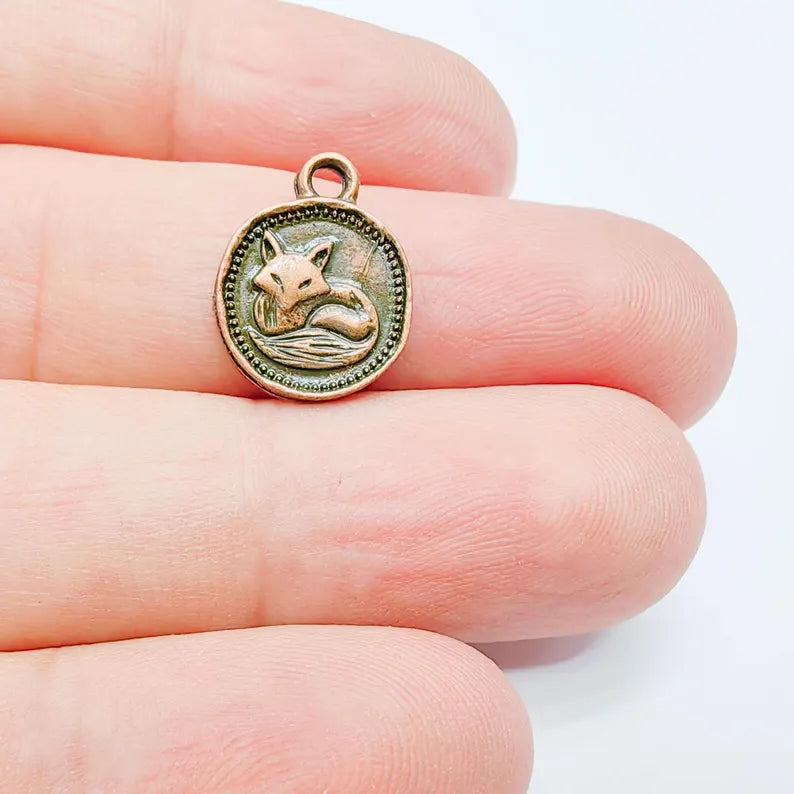 4 Fox Round Charm Pendant, Double Sided Woodland Design, Antique Copper Plated, 16x13mm, G38129 Bilal