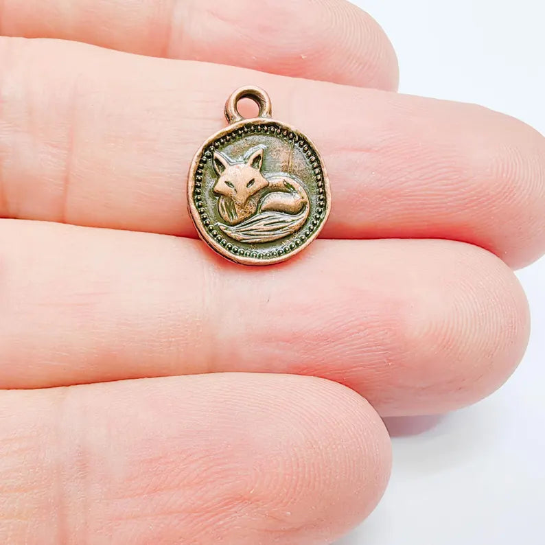 4 Fox Round Charm Pendant, Double Sided Woodland Design, Antique Copper Plated, 16x13mm, G38129 Bilal