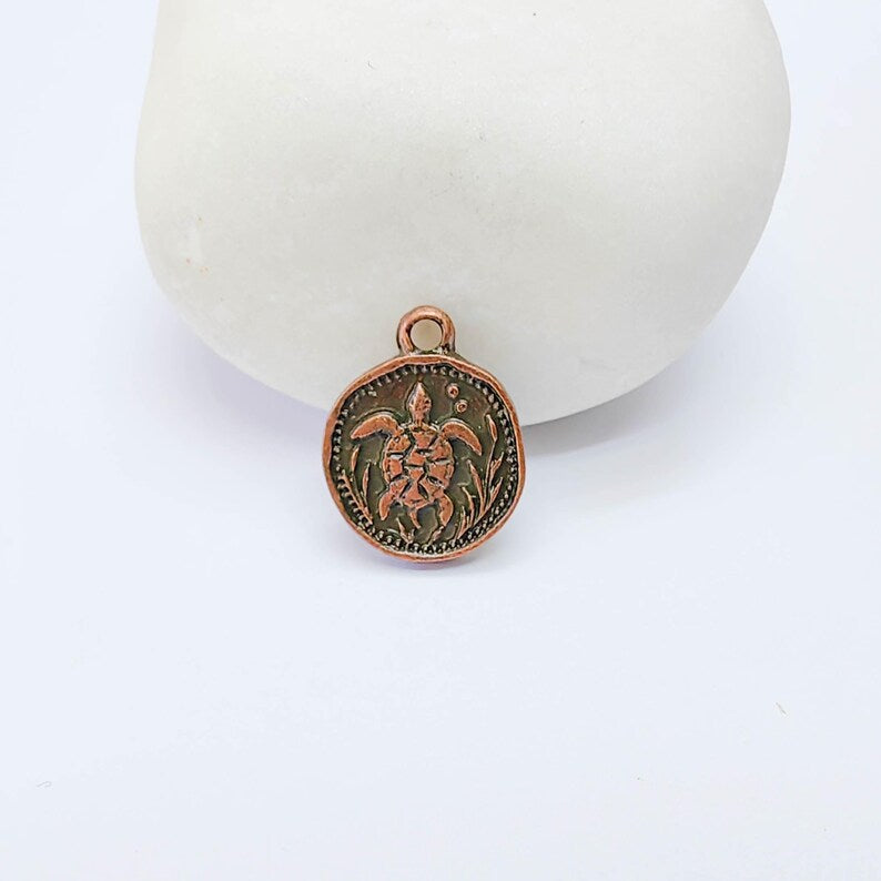 4 Sea Turtle Round Charm Pendant, Double Sided Ocean Design, Antique Copper Plated, 16x13mm, G38131 Bilal