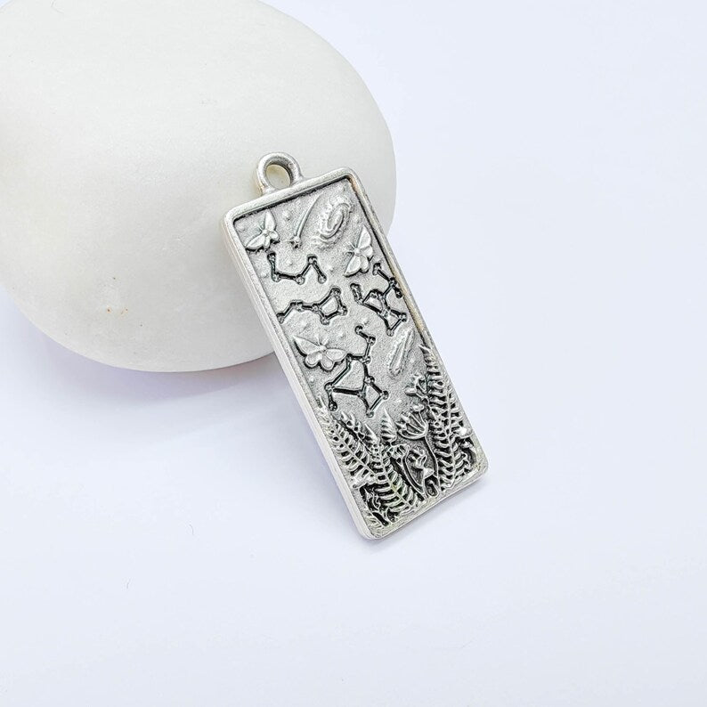 Celestial Constellation Moth Butterfly Pendant Charm, Double Sided Nature, Antique Silver Plated, 37x15mm, G38134