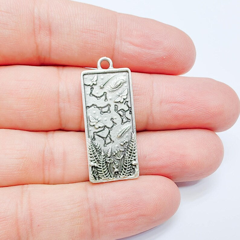 Celestial Constellation Moth Butterfly Pendant Charm, Double Sided Nature, Antique Silver Plated, 37x15mm, G38134