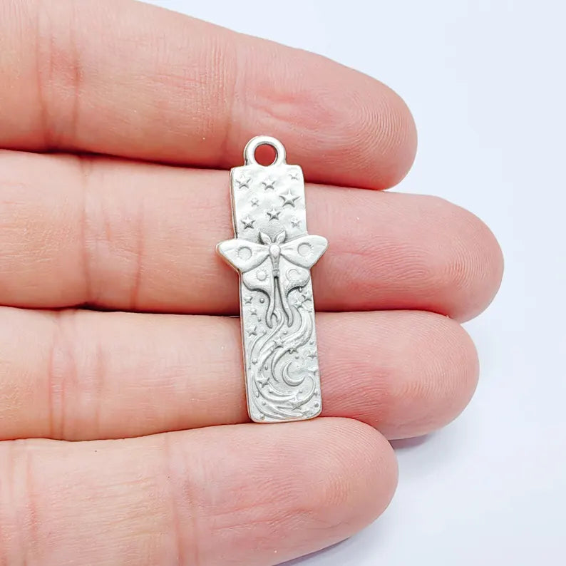 Celestial Moth Pendant Charm, Double Sided Nature Design, Antique Silver Plated, 35x14mm, G38136