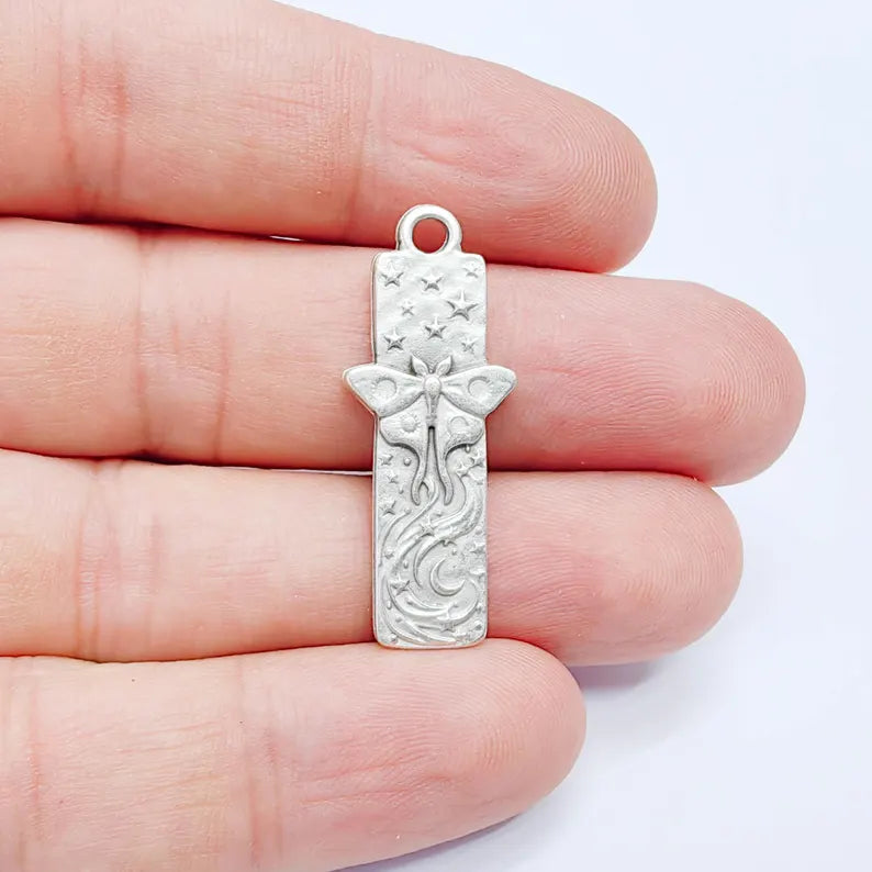 Celestial Moth Pendant Charm, Double Sided Nature Design, Antique Silver Plated, 35x14mm, G38136