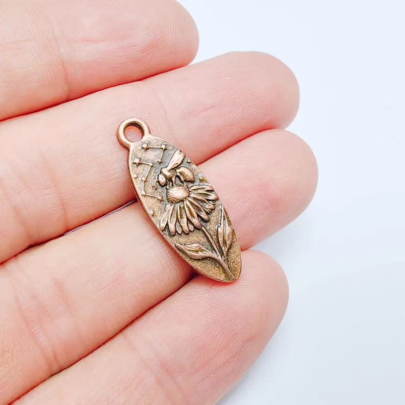 Bee Echinacea Flower Charm Pendant, Double Sided Botanical Design, 30x12mm, Antique Copper Plated G38140