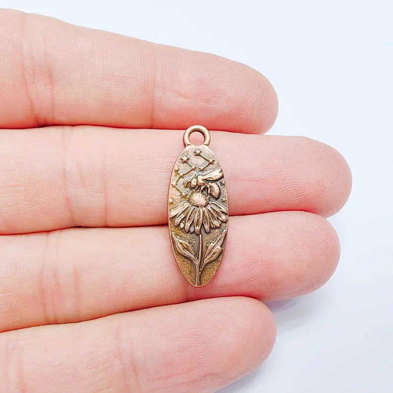 Bee Echinacea Flower Charm Pendant, Double Sided Botanical Design, 30x12mm, Antique Copper Plated G38140