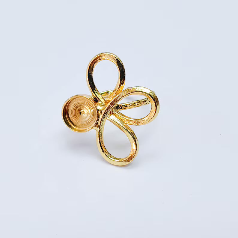 Floral Bezel Adjustable Ring, 8mm Setting, 24K Gold Color Brass Ring Blank, G38141
