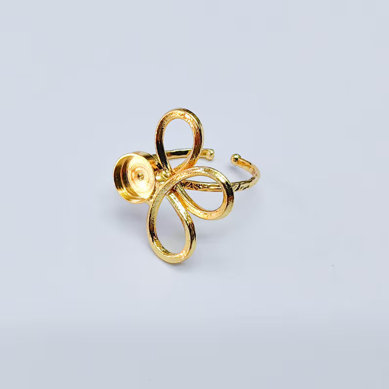Floral Bezel Adjustable Ring, 8mm Setting, 24K Gold Color Brass Ring Blank, G38141