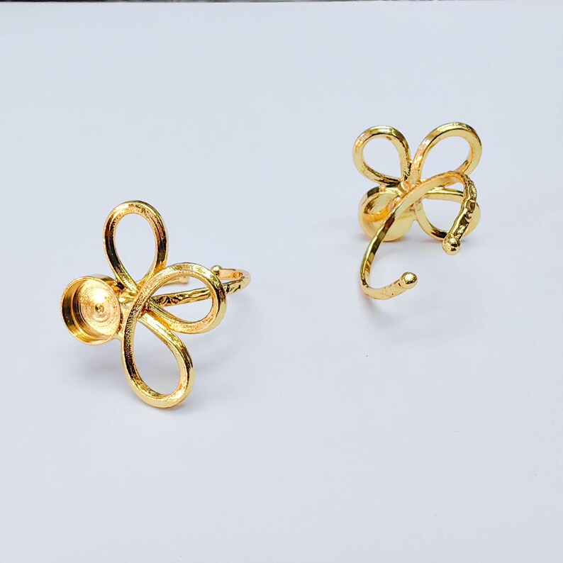 Floral Bezel Adjustable Ring, 8mm Setting, 24K Gold Color Brass Ring Blank, G38141