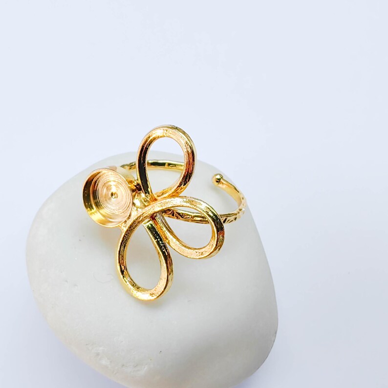 Floral Bezel Adjustable Ring, 8mm Setting, 24K Gold Color Brass Ring Blank, G38141