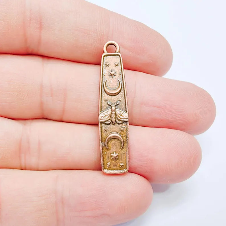 Luna Moth Charm Pendant, Double Sided Celestial Moon and Stars 39x9mm, Antique Copper Plated G38143