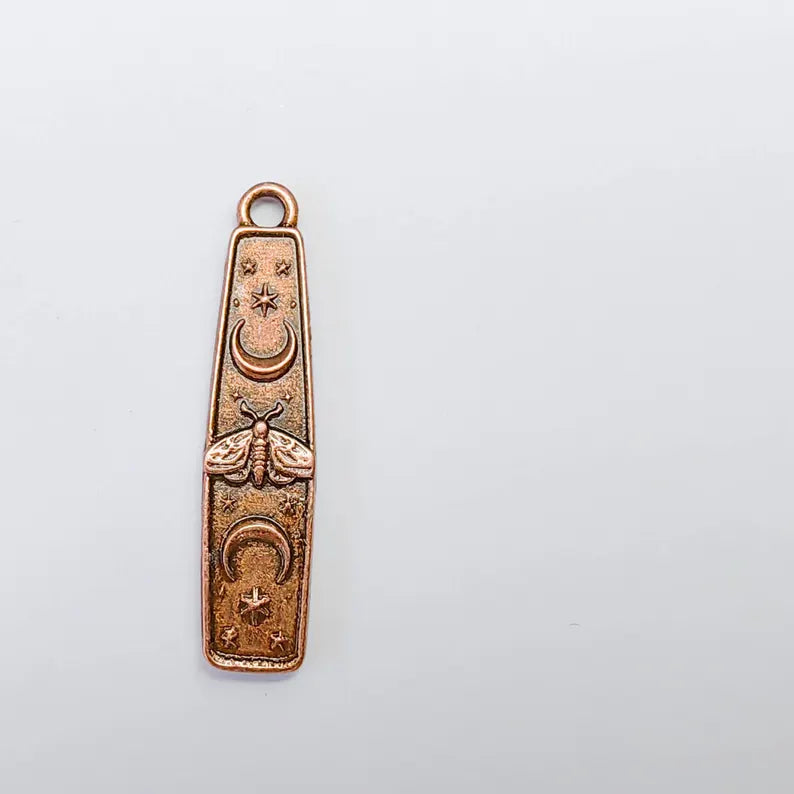 Luna Moth Charm Pendant, Double Sided Celestial Moon and Stars 39x9mm, Antique Copper Plated G38143