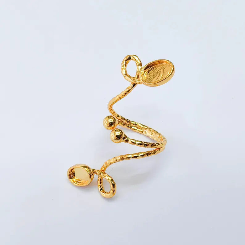 Double Oval Bezel Adjustable Ring, 8x6mm Settings, 24K Gold Color Brass Ring Blank, G38144