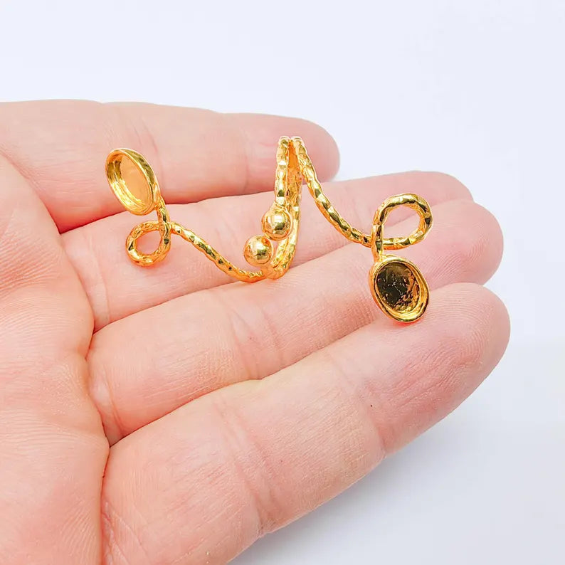 Double Oval Bezel Adjustable Ring, 8x6mm Settings, 24K Gold Color Brass Ring Blank, G38144