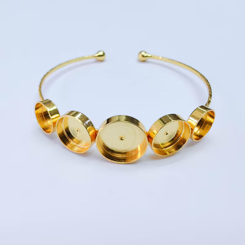 Multi Bezel Cuff Bracelet Base, Adjustable Round Settings 14mm 12mm 10mm, 24K Gold Color, G38145