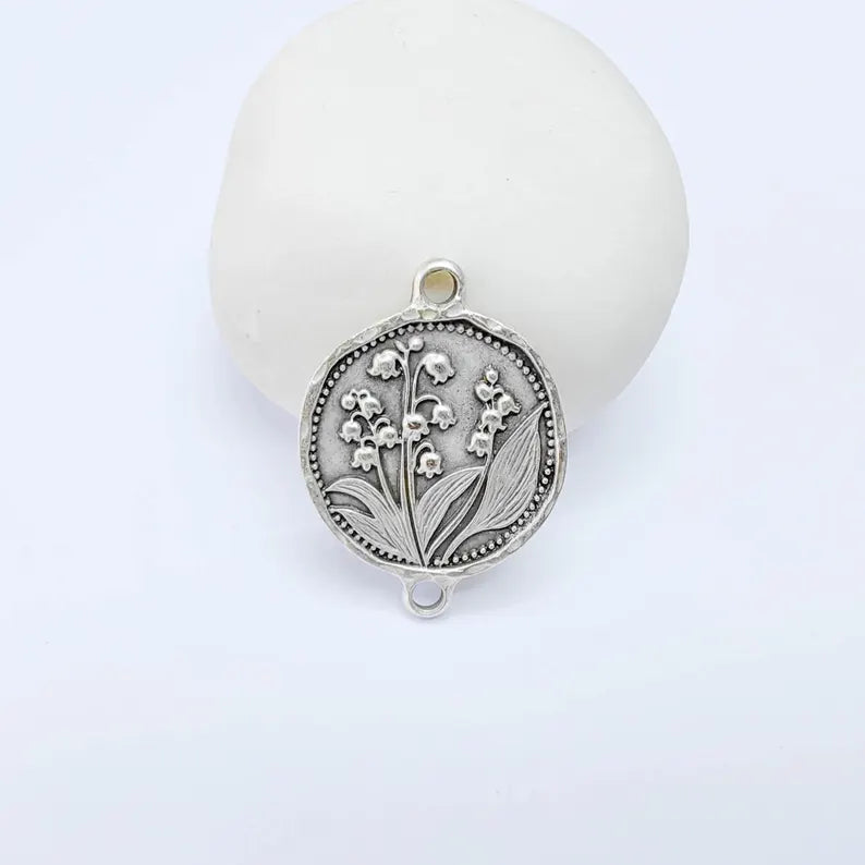 Lily of the Valley Connector Charm, Botanical Flower Design, Antique Silver Plated, Oval Shape, 31x23mm, G38155