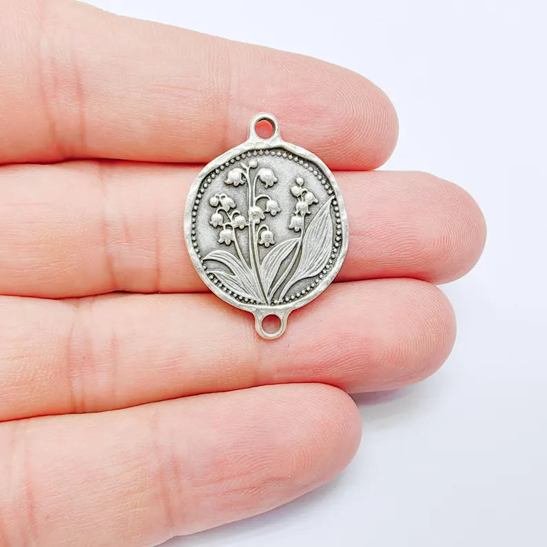 Lily of the Valley Connector Charm, Botanical Flower Design, Antique Silver Plated, Oval Shape, 31x23mm, G38155