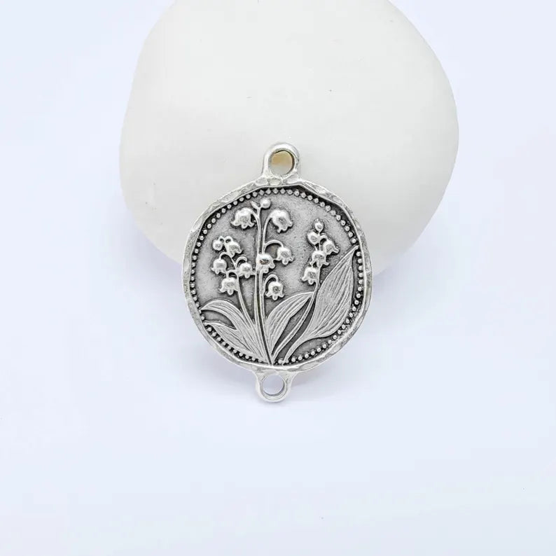 Lily of the Valley Connector Charm, Botanical Flower Design, Antique Silver Plated, Oval Shape, 31x23mm, G38155