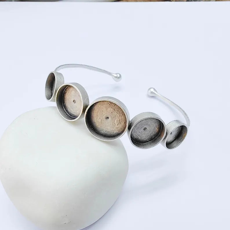 Multi Bezel Cuff Bracelet Blank, Adjustable 14mm, 12mm & 10mm Round Settings, Antique Silver Brass, G38158